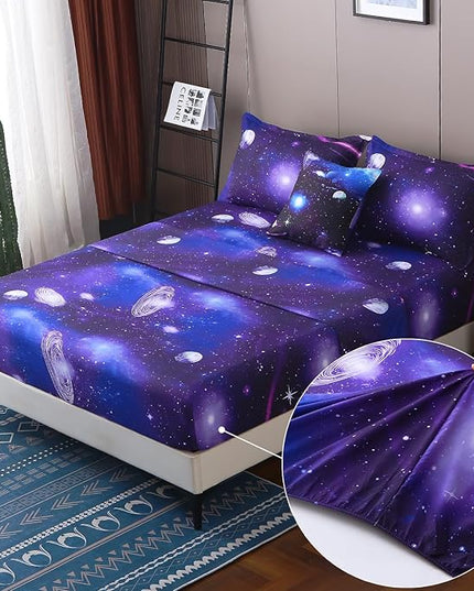 JQinHome Twin Galaxy Comforter Sets 6 Piece Bed in A Bag, Outer Space Themed Bedding for Children Boy Girl Teen Kids,1 Comforter, 1 Flat Sheet, 1 Fitted Sheet, 2 Pillowshams, 1 Cushion Cover(Purple)