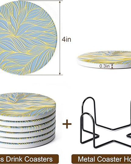 Hoewina 6Pcs Drink Coasters with Holder, Marble Style Ceramic Drink Coaster, Absorbent Coasters Set Suitable for Kinds of Cups, Modern Style Coaster for Coffee Table, 4 Inches（Gilded Relief