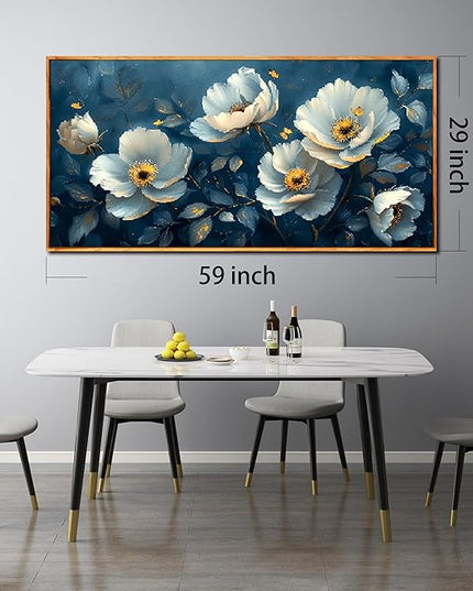 Ouzzlie Large Flower Wall Decor Blue Wall Art for Living Room Office Gold Butterfly Picture Artwork Canvas 29" x 59"