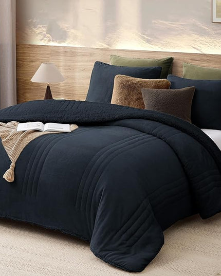 Monbix Fluffy Full Comforter Set Navy Blue, Sherpa Plush Fuzzy Comforter 3 Piece for Full Size Bed, Luxury Soft Winter Warm Bedding Set