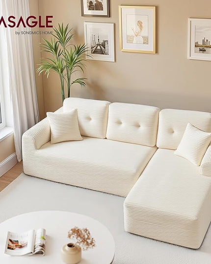 VASAGLE 108.3 Inches Boneless Couch with Chaise, Modular Sectional Sofa, Modern Cloud Couch with Deep Seat, L-Shape Corduroy Sofa for Living Room, Right-Facing Chaise, Bedroom, Cream White ULCS182WD01