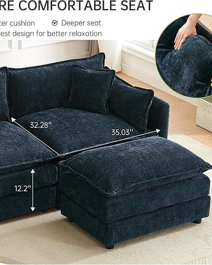 Modular Sectional Sofa, 112.2 Inch L Shaped Couch Set with Armrests, 3-Seater Comfy Cloud Couches with Movable Ottoman for Living Room Apartment, Blue
