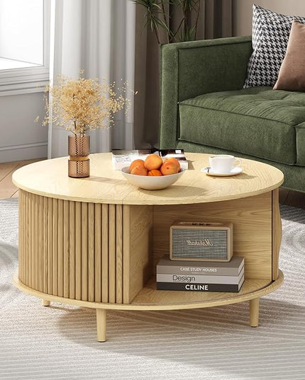 Round Coffee Table with Storage, 31.5" Mid Century Modern Coffee Table with Sliding Door & Solid Wood Legs, Minimalist Fluted Center Table for Living Room, Home Small Space, Oak