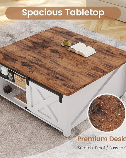 SEDETA 31.5" Lift Top Coffee Table with Storage, Square Coffee Tables for Living Room, Farmhouse Coffee Table with Large Hidden Storage Compartment and Adjustable Shelves, White