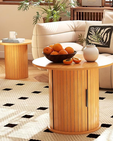 COSVALVE Nesting Coffee Table Set of 2 with Hidden Storage & Sliding Door, Circle Wood Coffee Table, Farmhouse Side & End Table Sets for Living Room, Small Spaces, Natural
