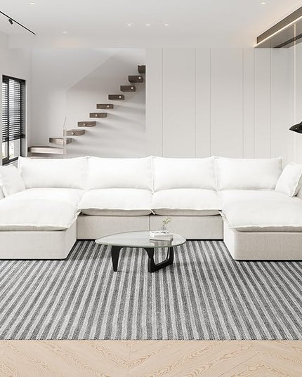 Cloud Sectional Sofa,146.4" Oversize Deep Seat Modular Couch,U Shape Down Fill Sectional Sofa, Detachable Couch Cushion Covers, 6 Seater Corner Sofa with Ottoman for Living Room, Cream White