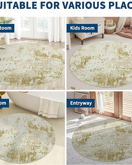 Modern Abstract 4x4 Round Area Rug Non Slip Non Shedding Rug Low Pile Stain Resistant for Bedroom Living Room Office Dining Room,Golden Grey