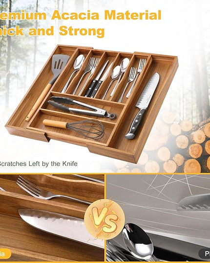 Large Premium Acacia Silverware Organizer - Expandable Drawer Organizer & Utensil Organizer - 17"x19.7" Cutlery Tray with Dividers for Kitchen Utensils and Flatware (7-9 Slots) Acacia