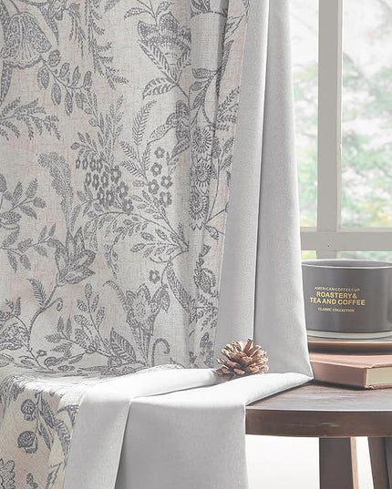 Lazzzy Grey Floral Lined Curtains Linen Farmhouse 84 Inches Long Grommet Top Drapes for Living Room Bedroom Country Vintage Flower Printed Curtains 2 Panels Set Gray on Beige