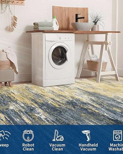 Modern Abstract Living Room Rug 8x10, Washable Area Rugs for Bedroom, Stain Resistant Non Slip Large Rug, Soft Indoor Carpet for Dining Room Table Home Decor, Yellow/Black