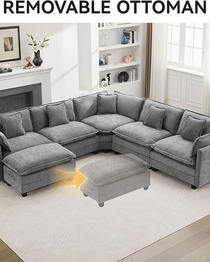 137'' V Shaped Cloud Sectional Sofa, Oversized Deep Seat Couches for Living Room, Chenille Comfy Upholstered Modular Sectional Sofa Couch, Grey