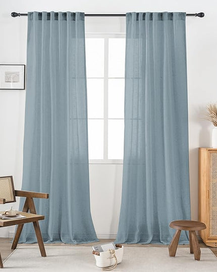 Dusty Blue Sheer Linen Curtains 96 Inch Long for Living Room 2 Panels Back Tab Pocket Soft Light Weight Airy Semi Privacy Linen Sheer Curtains for Bedroom Dining Cottage Urban Decor 8 FT 52x96