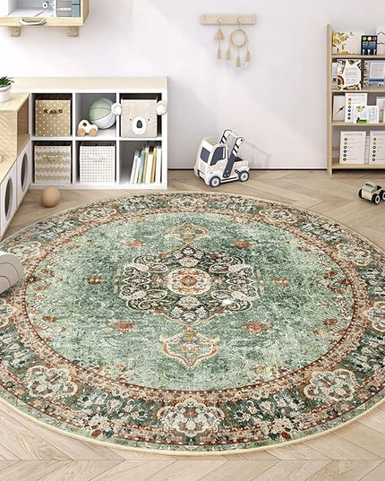 Round Rug 9ft,Large Green Circle Area Rugs for Bedroom Living Room,Washable Boho Vintage Bohemian Distressed Oriental Floral Carpet Non Slip
