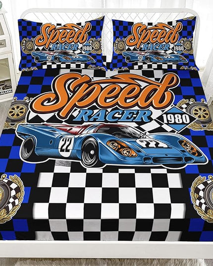 AILONEN Racing Car Fitted Sheet Twin Size, Cool Speed Race Car BedSheets Set for Kids Boys,Checkered Squares Bedding Sets,Extreme Sport Bed Sheet Set,3 Pieces,1 Fitted Sheet and 2 Pillowcases