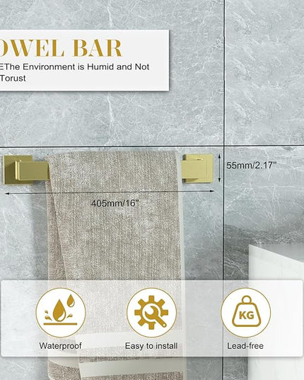 Bathroom Accessory Towel Bar Set: 5 Pieces Gold Bathroom Hardware Square SUS304 Stainless Steel - Wall Mounted Towel Rack&Toilet Paper Holder&Towel Ring and Towel Hook