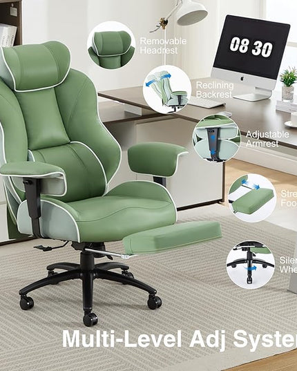 DJ·Wang Big and Tall Office Chair with Foot Rest, High Back Executive Office Chair PU Leather, Ergonomic Chairs with Lumbar Support, 135° Reclining Chairs with Thickened Spring Cushion Green