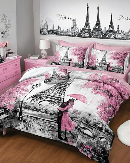 Bedbay Eiffel Tower Couple Bedding Comforter Set Bed in a Bag Queen Pink Paris Bed Set Girls Teen Women Bedroom Decor Aesthetic Soft Lightweight Comforter Queen Size 8 Pcs Down Alternative Duvet