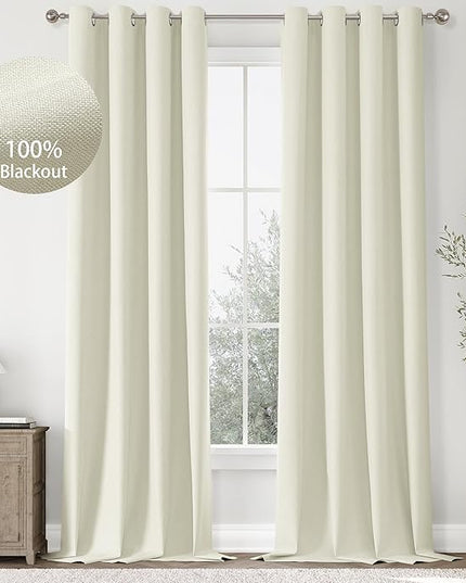 ChrisDowa 100% Blackout Iovry Solid Curtains 108 Inches Long 2 Panels for Bedroom Living Room,Farmhouse Room Darkening Thermal Insulated Soundproof Grommet Top Window Treatment Drapes,52x108