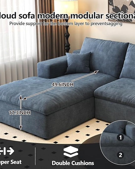 136.6'' U-Shaped Modern Modular Sectional Cloud Couch Whit Ottoman, 4-Seat Chenille Deep-Seat Sofa with Pillow for Living Room, Bedroom, Apartment, Ocean Blue