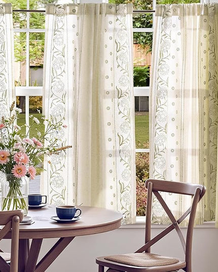 jinchan Winslow Linen Curtains 54 Inch Length Christmas Decorations Farmhouse Small Window Curtains Embroidered Bordered Floral Drapes Light Filtering for Bathroom Kitchen Sage on Beige 2 Panels