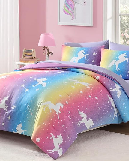 Twin Comforter Set for Girls-5 Pieces Rainbow Unicorn Twin Bedding Sets for Kids, Ultra Soft Bed in A Bag with Sheets