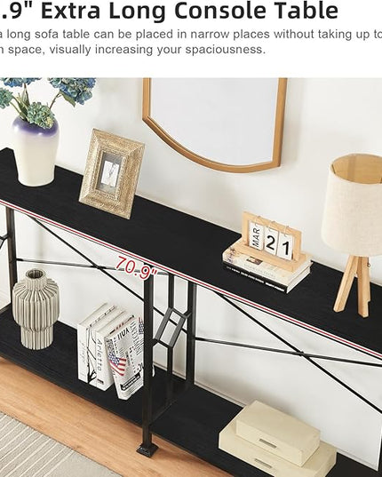 HOMISSUE Long Entryway Console Table, 70.9" Industrial Narrow Sofa Tables Behind Couch with 2 Tier Storage Shelf for Hallway, Living Room, Black