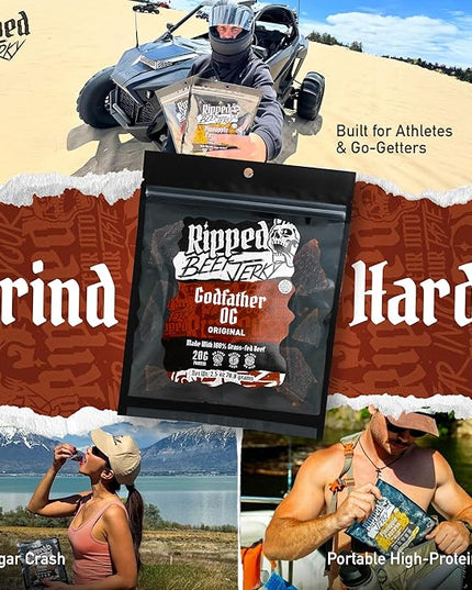 Ripped Beef Jerky - 100% Grass Fed Beef, 20g Protein, Real Ingredients, Gluten Free, No MSG, Made in USA (Pack of 12, Original)