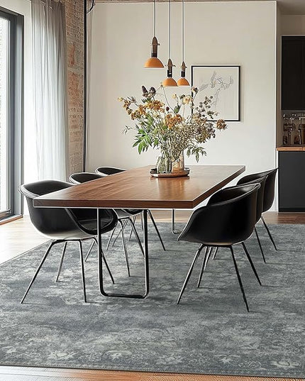 jinchan Washable Area Rug 6x9 for Living Room - Soft Faux Wool Ultra-Thin Stain Resistant Non-Slip Distressed Vintage Floral Rug Large Carpet for Bedroom Dining Room Home Office Nursery(Grey, 6'x9')