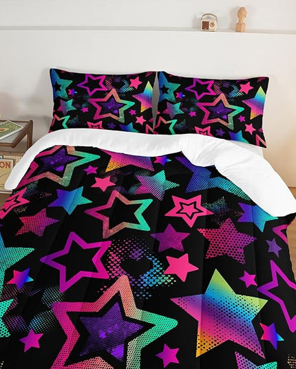 Kawaii Color Star Comforter Set Kids Bedroom Set,Neon Light Star Bedding Queen Size Comforter Sets for Boys Girls Room Decor,Aesthetic Bedding Sets with 2 Pillowcases.