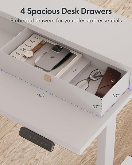 FLEXISPOT 63" L Shaped Standing Desk with Shelf Electric Corner Table, Drawers, Adjustable Computer Workstation for Home, Office,63x55in, White Top + White Frame