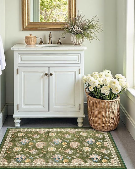 jinchan Elora 3x5 Floral Rug for Entryway Washable Kitchen Rug Vintage Romance Design Christmas Small Mat Non Slip Indoor Doormat Lightweight Low-Profile Throw Carpet for Entrance Bathroom, Green