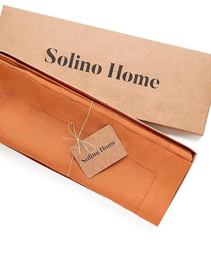 Solino Home Linen Placemats Set of 4 - Classic Hemstitch Pumpkin Placemats 14 x 19 Inch - 100% Pure Linen Table Mats for Holiday