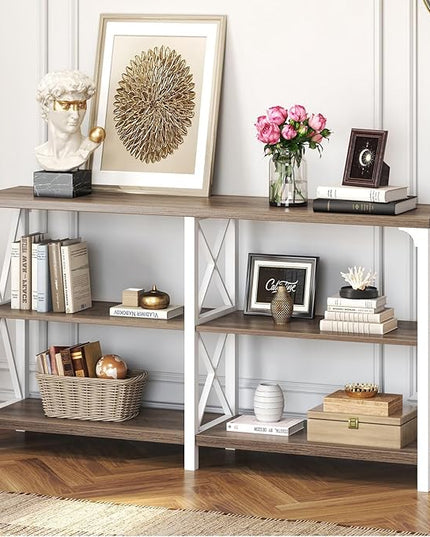 IBF Industrial Console Table, Wood and Metal Entryway Table Farmhouse White and Rustic Oak 3 Tier 63inch
