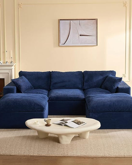 106.3” Sectional Couches for Living Room, Cloud Couch, Modular Sectional Sofa, Convertible Sofas Bed, Deep Seat Sofa, U Shaped Cozy Sofa Furniture Set, Corduroy, Blue