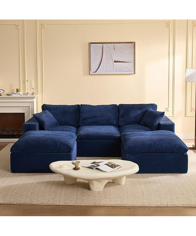 106.3” Sectional Couches for Living Room, Cloud Couch, Modular Sectional Sofa, Convertible Sofas Bed, Deep Seat Sofa, U Shaped Cozy Sofa Furniture Set, Corduroy, Blue