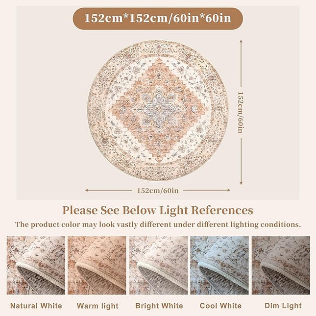 Ciicool Boho 5x5ft Round Area Rug Washable Bedroom Rug Non-Slip Oriental Entryway Throw Rug Low-Pile Indoor Carpet for Dining Room(Vintage Cream/Brick)