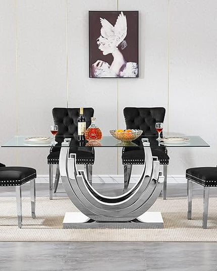 Henf 5-Piece Dining Table Set with 4 Upholstered Dining Chairs, Large Dining Table and Chair Set for 4, Modern Glass Kitchen Table Furniture for Dining Room, Glass Top and Stainless Steel Pesestal