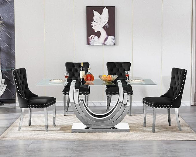 Henf 5-Piece Dining Table Set with 4 Upholstered Dining Chairs, Large Dining Table and Chair Set for 4, Modern Glass Kitchen Table Furniture for Dining Room, Glass Top and Stainless Steel Pesestal