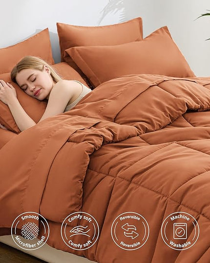 Love's cabin King Size Comforter Set Burnt Orange, 7 Pieces King Bed in a Bag, All Season Bedding Sets with 1 Comforter, 1 Flat Sheet, 1 Fitted Sheet, 2 Pillowcase and 2 Pillow Sham