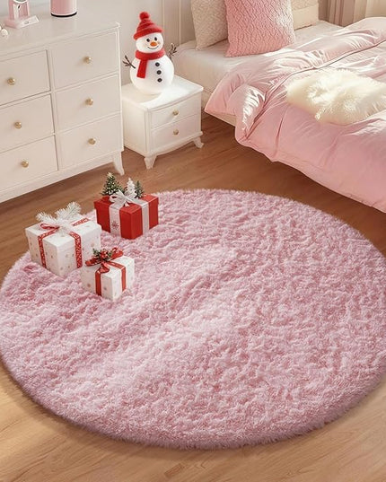 Ophanie Pink Round Rug for Bedroom Girls, Kids Fluffy Kawaii Fuzzy Shag Circle Circular Area Rugs, Cute Plush Christmas Small Carpet 4Ft 4 Foot, for Teen Baby Nursery Home Living Room Decor Aesthetic