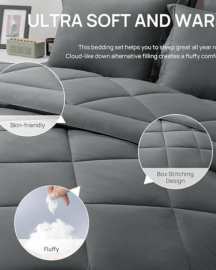 Love's cabin Oversized Queen Comforter Set Dark Grey, 7 Pieces Queen Bed in a Bag, All Season Queen Bedding Sets with 1 Comforter, 1 Flat Sheet, 1 Fitted Sheet, 2 Pillowcase and 2 Pillow Sham