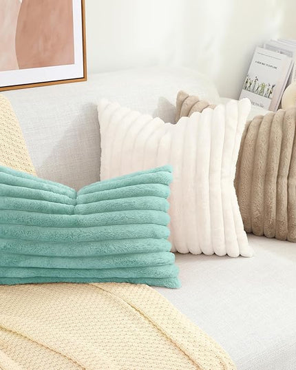 decorUhome Faux Fur Spring Throw Pillow Covers 12x20 Set of 2, Decorative Soft Plush Striped Lumbar Neutral Couch Euro Pillow Covers with Velvet Back for Sofa, Bed, Living Room Home Decor, Aqua