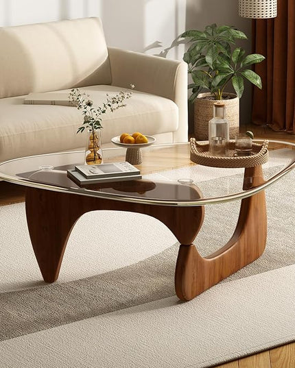 Coffee Table for Living Room Mid Century Modern Center Table with Glass Top and Wood, Transparent/Walnut