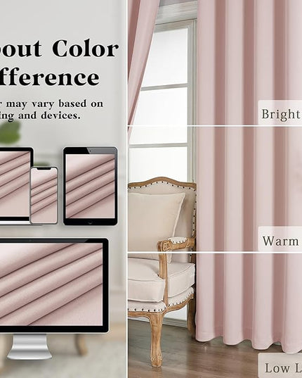 Simplebrand Blush Room Darkening Curtains for Bedroom 63 Inch Length 2 Panels Set, Thermal Insulated Energy Saving Curtains for Kids Room, Grommet Solid Nursery Window Treatment Drapes, W40 x L63