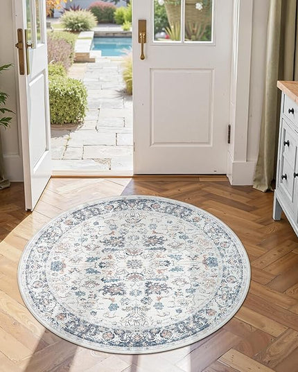 jinchan Round Rug 4ft Area Rug - Washable Boho Vintage Floral Circle 4' Round Floor Cover Lightweight Low Pile Thin Throw Non-Slip Carpet for Kitchen Living Room Bedroom Dining Room Office Grey Multi