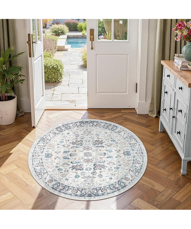 jinchan Round Rug 4ft Area Rug - Washable Boho Vintage Floral Circle 4' Round Floor Cover Lightweight Low Pile Thin Throw Non-Slip Carpet for Kitchen Living Room Bedroom Dining Room Office Grey Multi