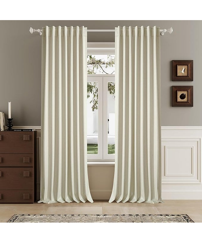Cream Beige Linen Full Blackout Curtains 108 Inch Length 2 Panels Set for Living Opaque Privacy Back Tab Thermal Insulated 100% Black Out Room Darkening 9ft Window Curtain Drapes 108 Inches Long