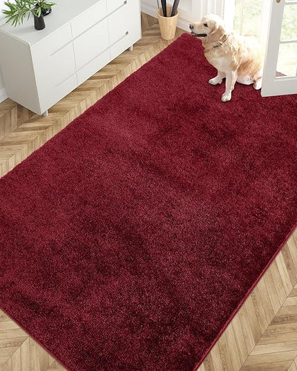 PURRUGS Easy Care Area Rug 4.5ft x 7ft, Non-Slip Washable Entryway Rug, Dog Door Mat, Stain Resistant Accent Rug for Hallway, Living Room, Bedroom and Mudroom, Burgundy Red