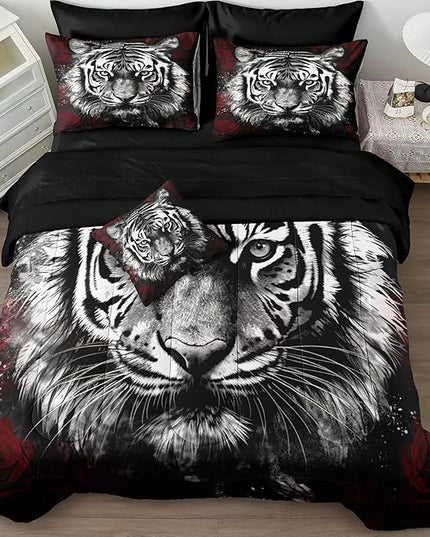 Bedbay Tiger Comforter Set Queen Size Rose Floral Bedding Set Wild Animal Print 8 Pcs Queen Bed in a Bag Set Boys Teen Room Decor Animal Tiger Bedding Comforter Set with Sheets (Tiger,Queen)