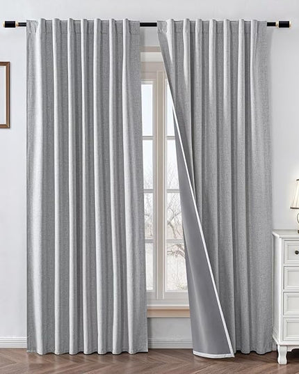 Blackout Curtains 72 inch Length 2 Panels Faux Linen Long Drapes for Bedroom Living Room Black Out Room Darkening Curtain Thermal Insulated Back Tab Rod Pocket(W37 x L72, Greyish White)